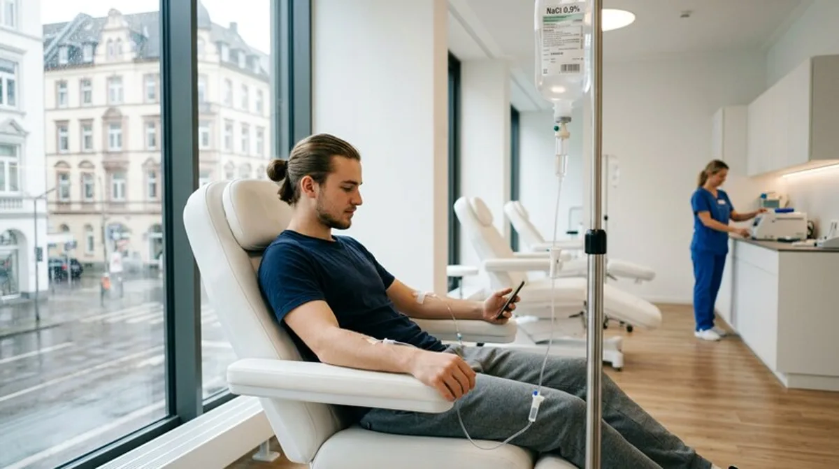 Mann auf Behandlungsstuhl Infusion Tropf Düsseldorf