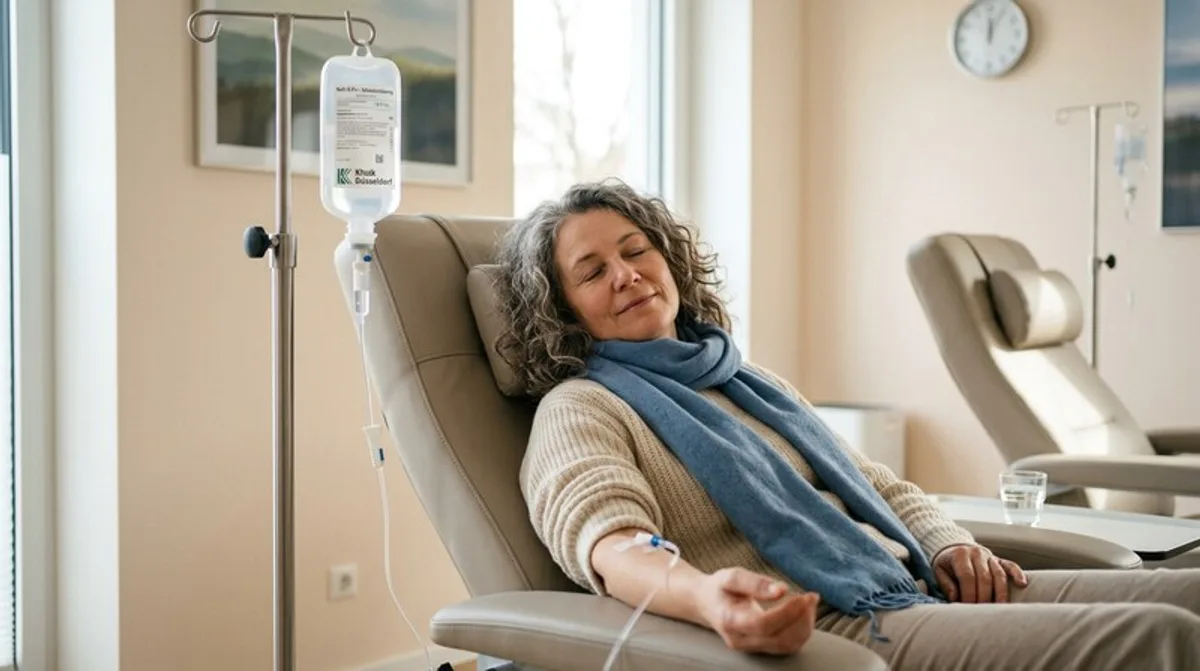 Energievoller Mann joggt nach Vitamin-Infusion im Düsseldorfer Park