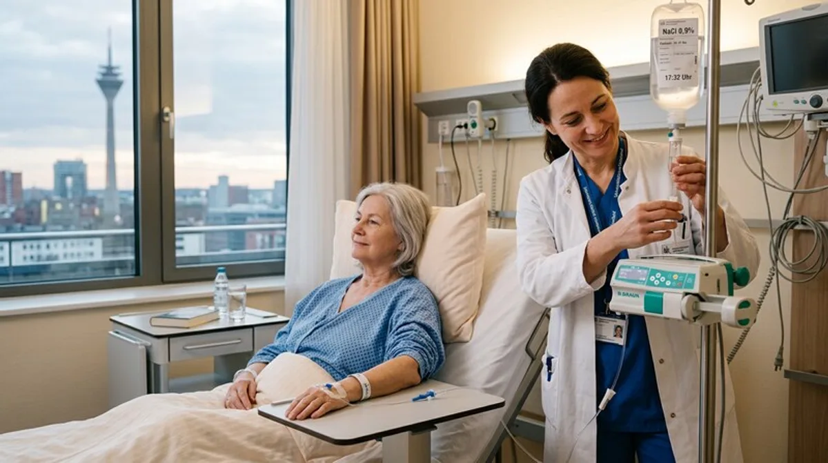 Vitaler Mann nach Vitamin-Infusion steht auf Klinik Düsseldorf